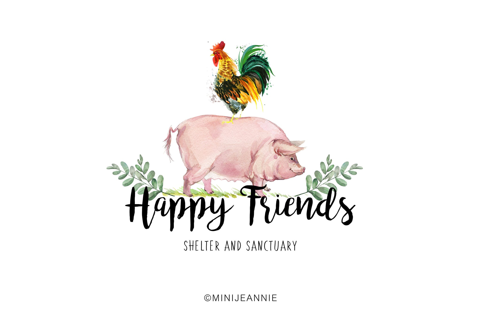 Farm Logo-Shelter Logo-Sanctuary Logo-Pig and Rooster Logo-Animal Logo-Etsy logo-Watercolor Logo-Business Logo-Premade logo-Free Font Change