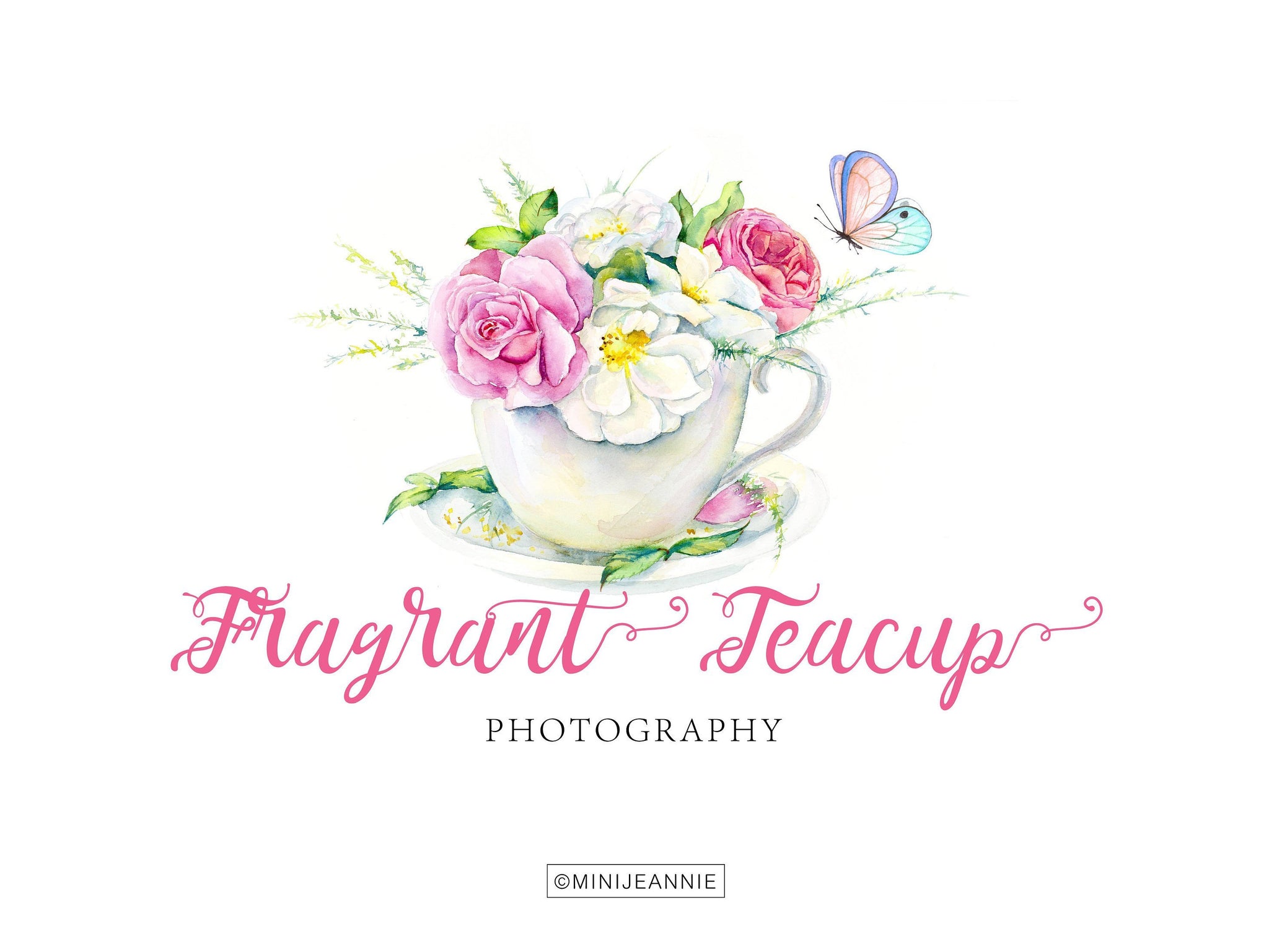 Tea Cup Logo-Rose in Cup Logo-Floral Logo-Flower in Tea Cup Logo-Butterfly Logo-Watercolor Floral Logo-Free Font Change