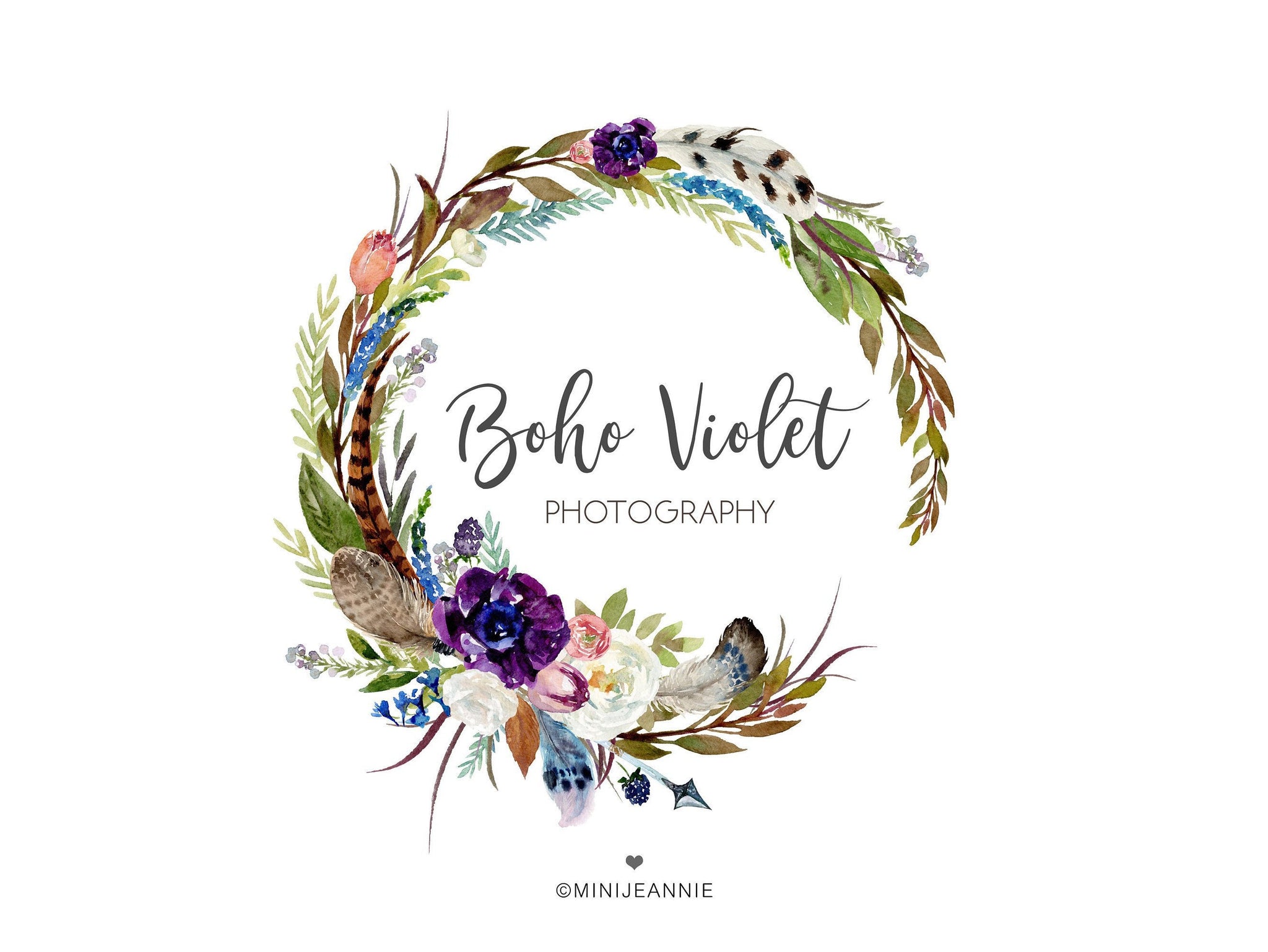 Boho Floral Logo-Floral Logo-Bohemian Flower Logo-Feather Logo-Arrow Logo-Boho Wreath Logo-Unfinished Wreath Logo-Watercolor Logo