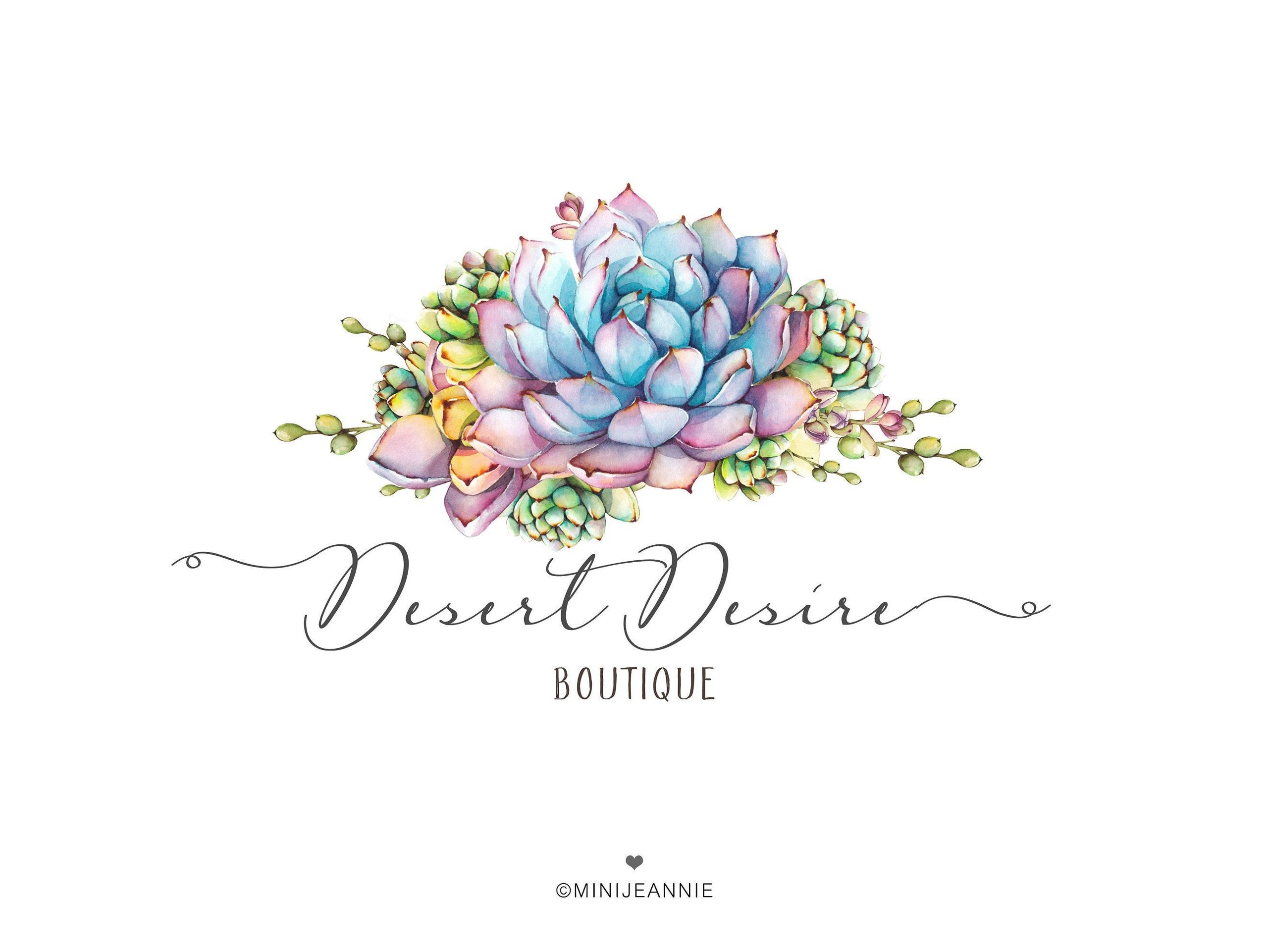 succulent logo design Blue Succulent Logo-Blue Flower Logo-Cactus Logo-Floral Logo-Cacti Logo-Desert Logo-Premade Logo-Watercolor Logo-Free Font Change