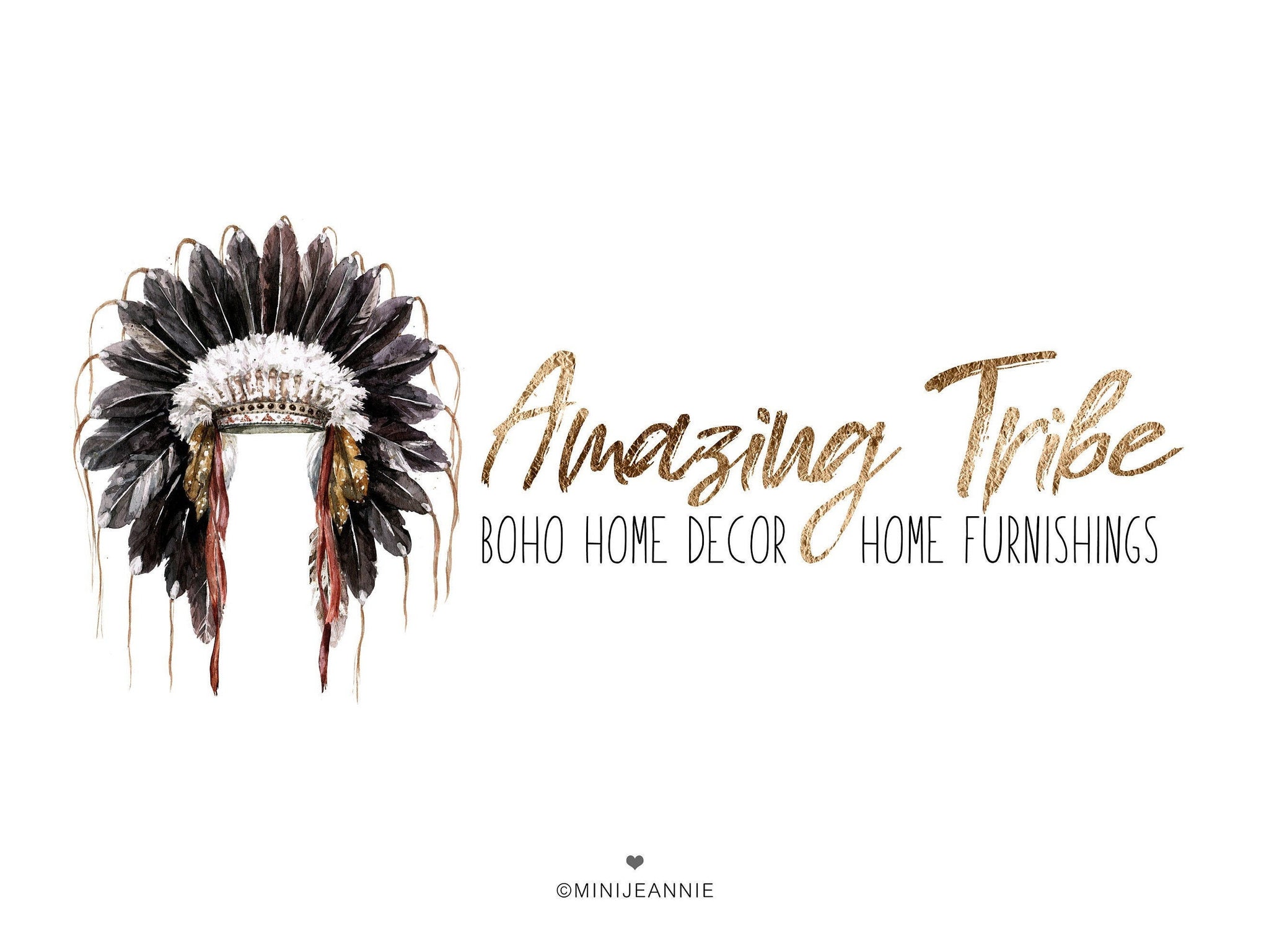 Tribe Logo-Tribal Logo-Tribal Headgear Logo-Feather Headgear Logo-Headdress Logo-Rustic Logo-Premade Logo-Watercolor Logo-Free Font Change