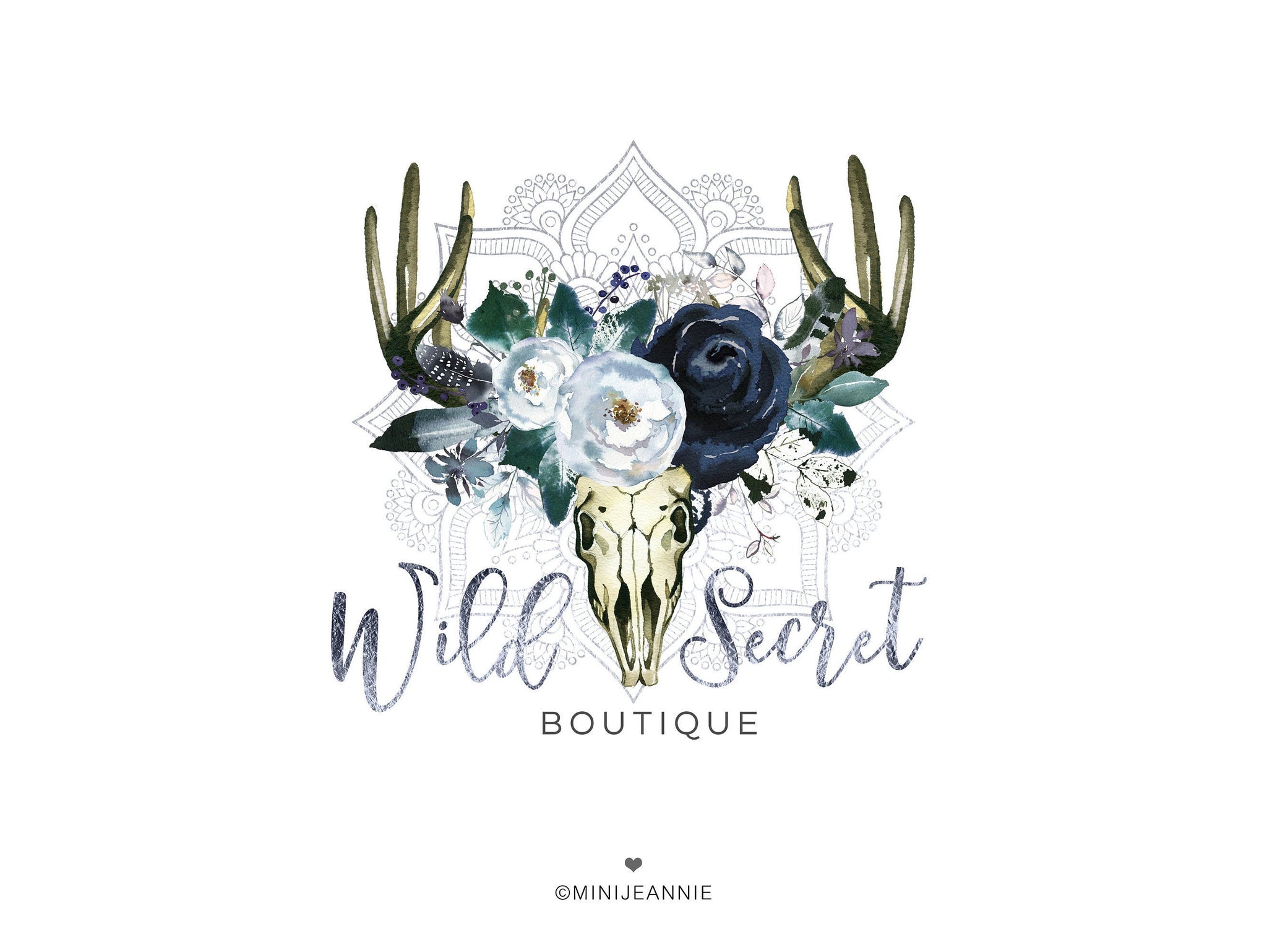 Skull Logo-Boho Logo-Feather Logo-Horn Logo-Rustic Logo-Antler Logo-Bohemian Logo-Desert Logo-Premade Logo-Watercolor Logo-Free Font Change