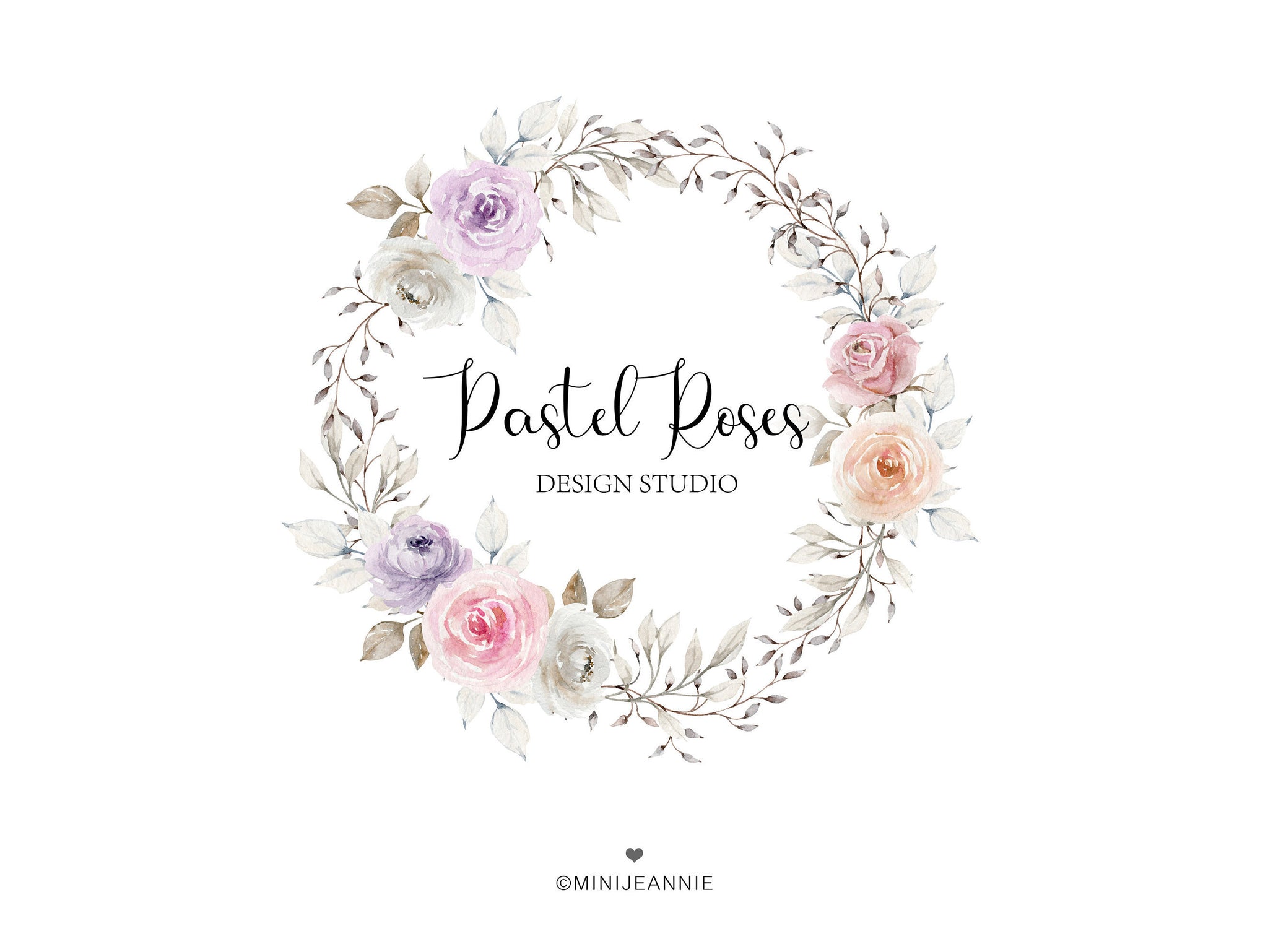 Floral Wreath Logo-Pastel Logo-Simple Floral Logo-Flower Logo-Rose Logo-Circle Logo-Feminine Logo-Watercolor Logo-Premade Logo
