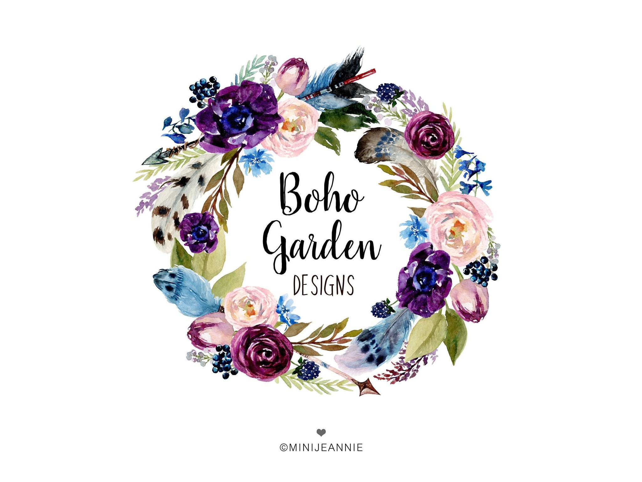 Boho Rustic Floral Logo with feathers, arrow and pink and purple flowers